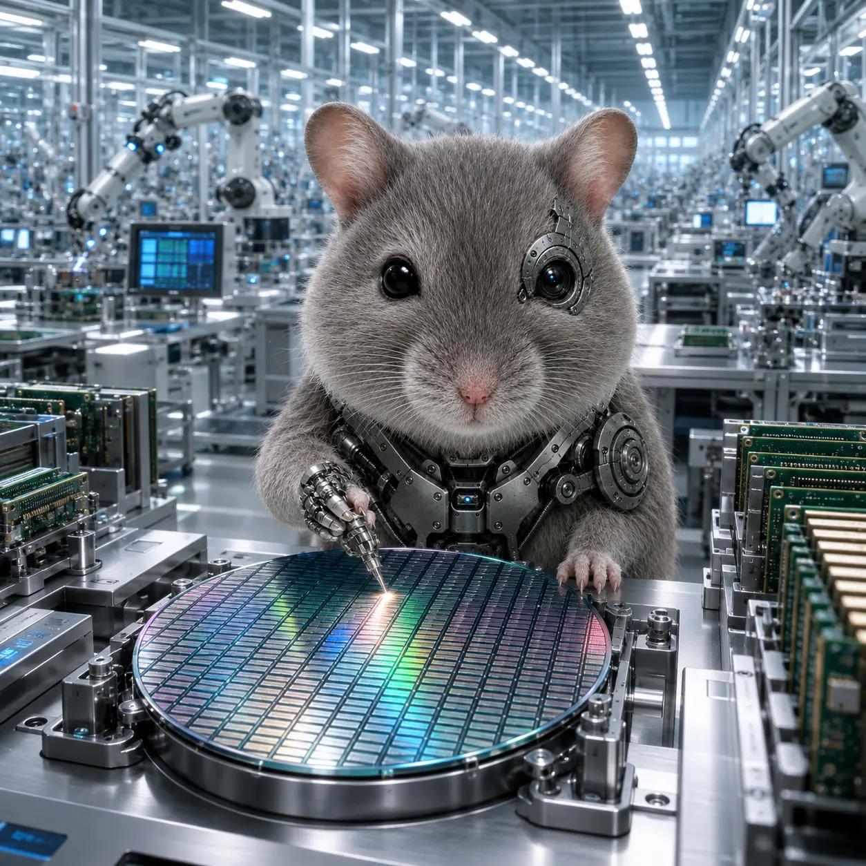 RAM manufacturing semiconductor chips in a futuristic factory