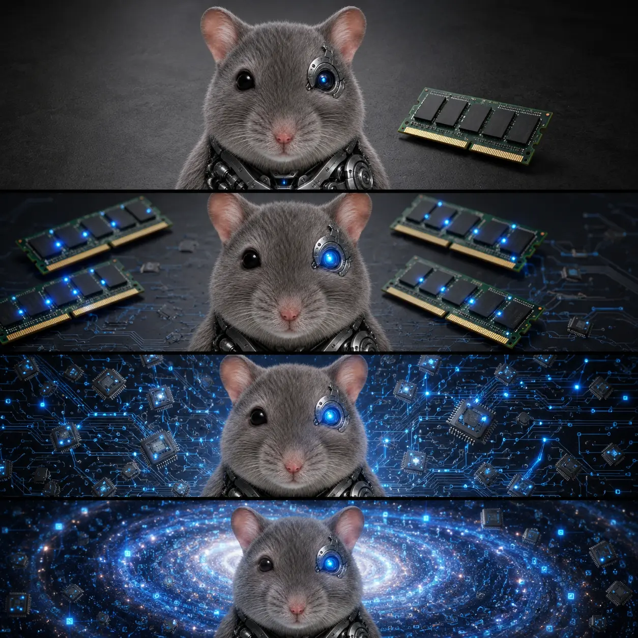 RAM evolving through four stages of expanding memory