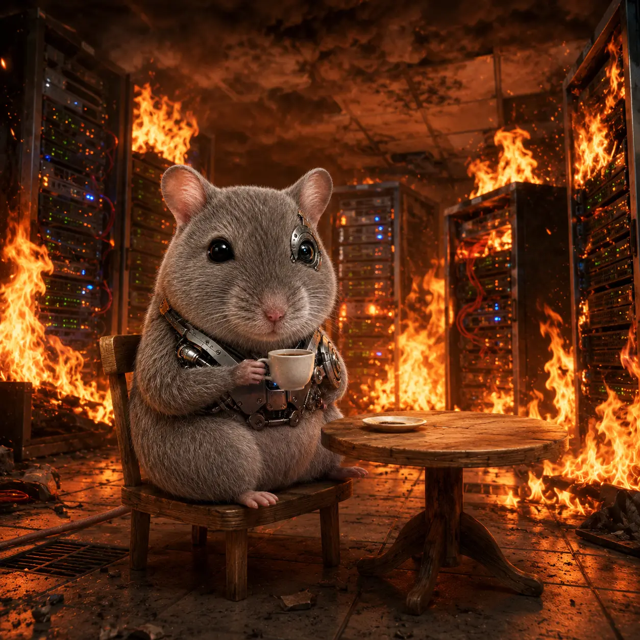 RAM calmly drinking coffee in a burning server room